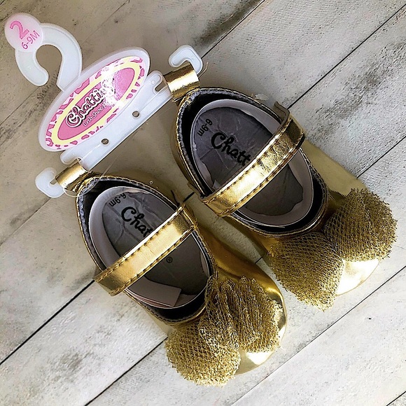 SOFT GOLD SHOES MARY JANES WITH BIG TOOLE BOWS 6-9 mo. - Picture 5 of 6
